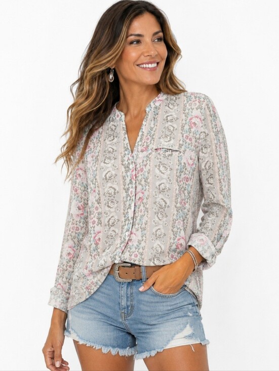 Kut from the Kloth Tops - KUT from the Kloth Floral Blouse Medium Gray Pink Button Front Long Sleeve Top